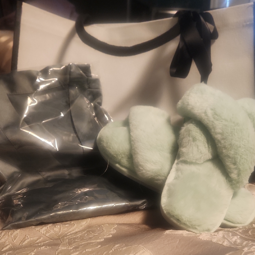 Mint Green Fuzzy Slippers with Tote Bag